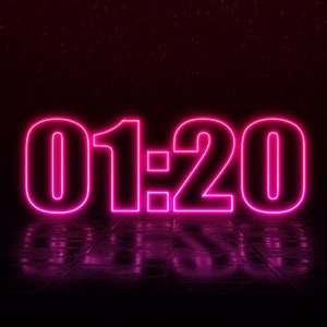 May include: A neon pink digital clock displaying the time 01:20 against a dark background with a subtle sparkle effect.