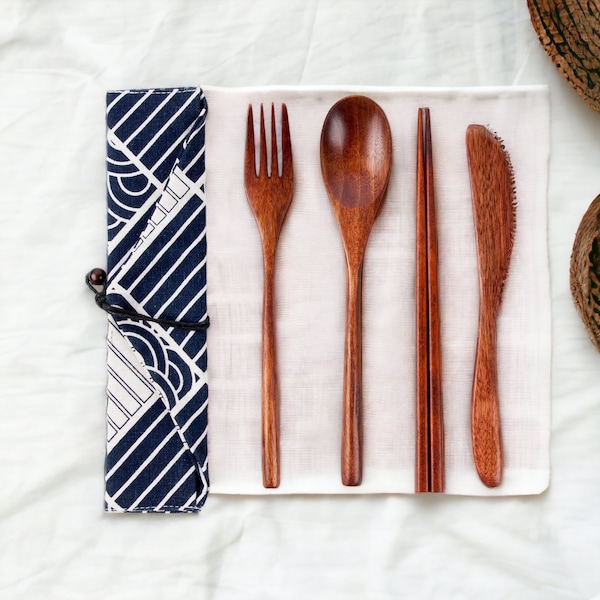 Juego de cuchara, tenedor, cuchillo y palillos de madera hechos a mano / utensilios de madera, condimentos para comer, cubiertos de madera de estilo japonés