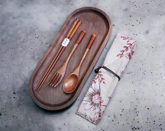Handmade Wooden Fork, Spoon and Chopsticks Set And Cloth Bag | Handmade Spoon, Handmade Fork, Handmade Chopsticks, Wooden Utensils