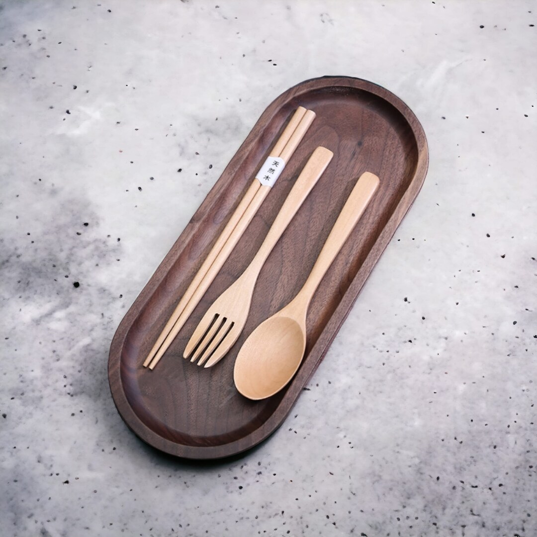 Wooden Handcarved Spoon, Fork and Chopsticks Set and Cloth Bag Wooden Utensils Handmade Fork