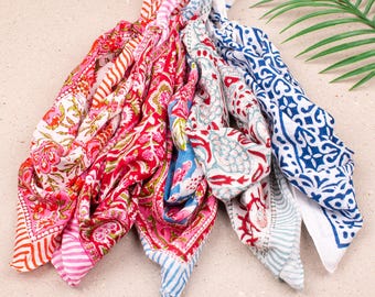 5pcs Boho Cotton Bandana 21x21 – Handmade Block Print Festival Scarf