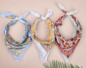 Set Of 3 Cotton Bandanas/Unisex, Summer Boho Bandanas, Eco Friendly Gift, Block Printed Bandanas, Birthday Gift, Floral Head Wrap,Women Gift