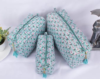 Set of 3 - Quilted Floral Makeup Bag, Cotton Zipper Pouch, Cosmetic Organizer, Gift for Women