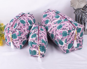 Set Of 3 Cotton Wash Bags, Indian Block Print Bags, Toiletry Bags For Women, Travel Pouch, Gift For Her, Cosmetic Bag, Beauty Bags, Beach