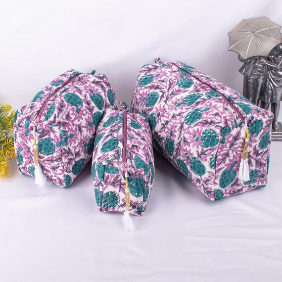 Set Of 3 Cotton Wash Bags, Indian Block Print Bags, Toiletry Bags For Women, Travel Pouch, Gift For Her, Cosmetic Bag, Beauty Bags, Beach