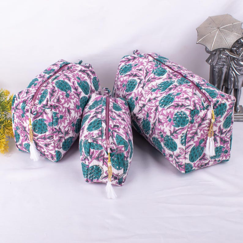 Set of 3 Hand Block Print Cosmetic Bag, Cotton Wash Bag, Waterproof Bag, Block Printed Toiletry Bags, Travel Bag - Mini/Medium/Large