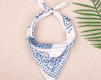 Blue Boho Bandana, Block Print Scarf, Eco Friendly Gift, Summer Bandana, Beach Headwrap, Indian Scarf, Unisex Bandana, Bikers Scarf