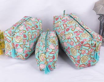 Set of 3 - Floral Quilted Cotton Makeup Bag, Cosmetic Case, Toiletry Pouch, Travel Gift for Women