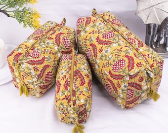Set of 3 Quilted Cotton Wash Bags, Indian Block Print Makeup Bags, Small Wash Bags, Waterproof Bags, Travel Bags, Cotton Toiletry Bags