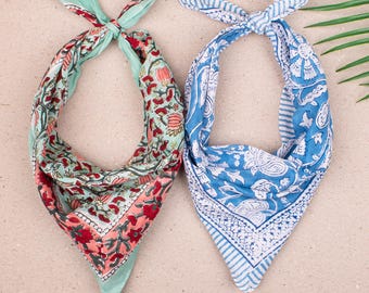 100% Cotton Bandanas Set Of 2 For Hair Or Neck / Hand Printed Summer Gift