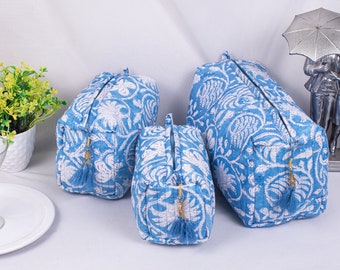 Hand Block Print Toiletry Bag, Makeup Bag, Quilted Wash Bag, Cosmetic Pouch, Travel bag - Set of 3