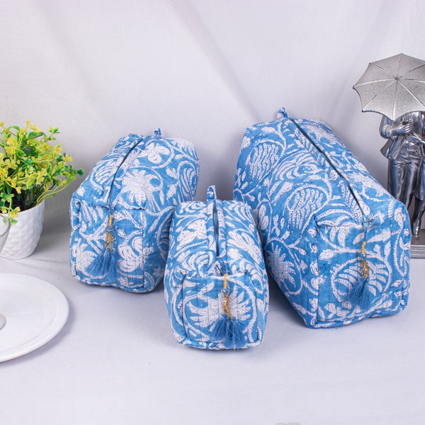 Hand Block Print Toiletry Bag, Makeup Bag, Quilted Wash Bag, Cosmetic Pouch, Travel bag - Set of 3