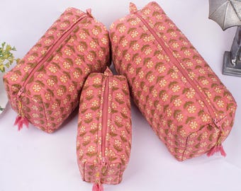 Set of 3 - Quilted Cosmetic Pouch, Cotton Makeup Bag, Cute Toiletry Case, Travel Accessory