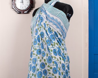 Blue Sarong For Women, Block Print Shawl, Swimwear Beach Coverup, Summer Sarong, Cotton Pareo, Vacation Wear, Travel Pareo, Burning Man Gift