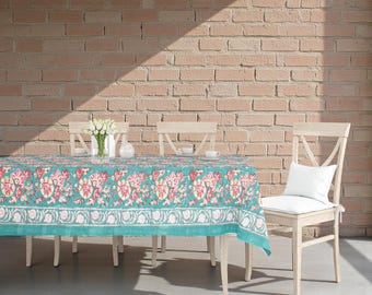 Colorful Block Print Cotton Tablecloth, Boho Dining Table Cover, Handmade Decor