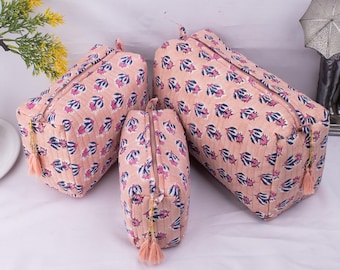 Set Of 3 Block Printed Makeup Bags, Handmade Indian Wash Bags, Designer Cosmetic Bags, Quilted Makeup Bags, Birthday Gift, Toiletry Bags