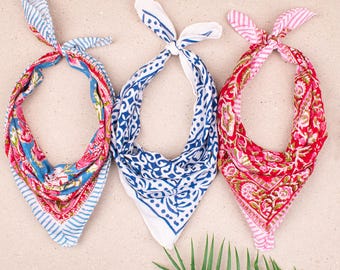 3pcs Block Printed Cotton Bandana Set, Handmade Headwrap, Summer Scarf