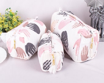 Set Of 3 Block Print Cosmetic Bags, Women Toiletry Bag, Sustainable Makeup Bag, Waterproof Bag, Block Print Wash Bag, Quilted Makeup Bags