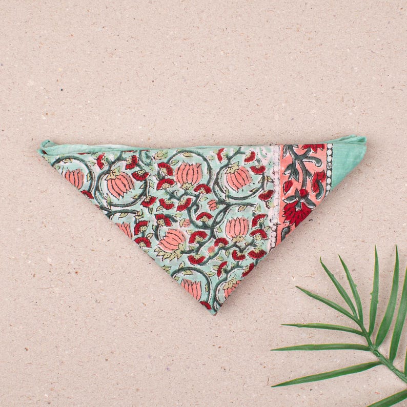 May include: A triangular bandana with a floral pattern. The bandana features a light blue background with pink flowers and red accents. The edge is a solid light green color. The bandana is folded in a triangle shape.