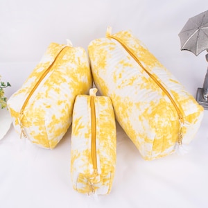 3 Trousse da trucco gialle - Grande, Media, Piccola, Borsa per cosmetici, Borsa da toilette da donna, Borsa da viaggio con cerniera, Regalo di compleanno per donna, Borsa da bagno in cotone