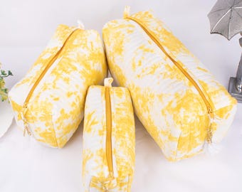 3 Yellow Makeup Bags - Big, Medium, Small, Cosmetic Bag, Toiletry Bag Women, Travel Pouch With Zipper, Women Birthday Gift, Cotton Wash Bag