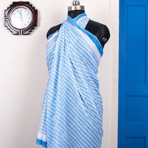 Blue Indian Block Print Sarong, Sarong Beach Wrap, Cotton Sarong, Pareo, Summer Beach Wear, Vacation Shawl, Swimwear Coverup, Cotton Pareo