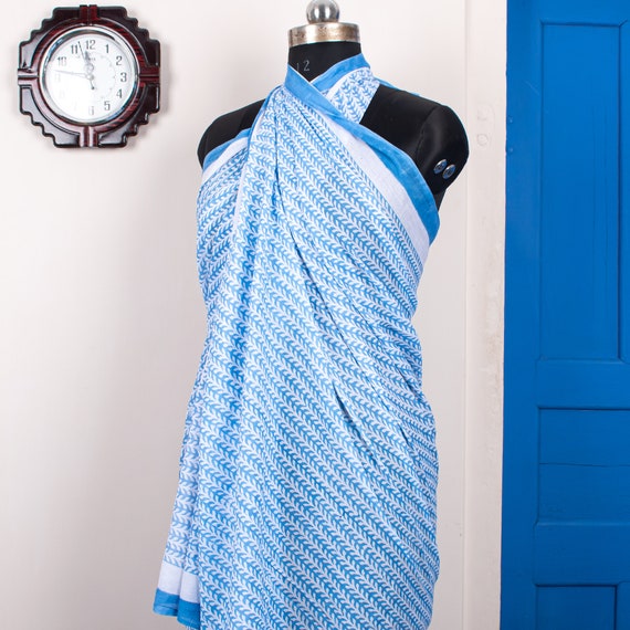 Blue Indian Block Print Sarong, Sarong Beach Wrap, Cotton Sarong, Pareo, Summer Beach Wear, Vacation Shawl, Swimwear Coverup, Cotton Pareo