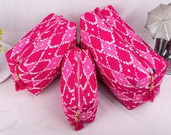 Set of 3 Pink Quilted Wash Bag, Toiletry Cosmetic Bags, Indian Makeup Pouch, Bridesmaid Proposal, Gift For Her, Bachelorette Party Bag