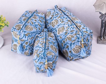 Set Of 3 Quilted Toiletry Bags With Pockets For Women (Big, Medium, Small), Cotton Wash Bag, Cosmetic Pouch, Travel Makeup Bag, Grandma Gift