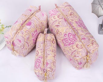 Set of 3 - Quilted Cotton Zipper Pouch, Makeup Bag, Cosmetic Organizer, Travel Toiletry Case
