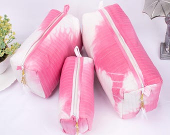 Set of 3 - Quilted Makeup Bag, Cotton Cosmetic Case, Zipper Travel Pouch, Gift for Her