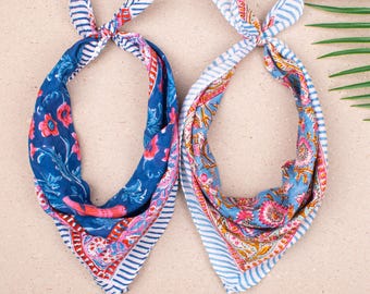 2pcs Floral Cotton Bandanas – Handblock Printed Headband, Neck Scarf Or Hair Accessory – Boho Summer Style, Sustainable Handmade Gift