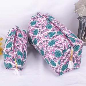 Set of 3 Hand Block Print Cosmetic Bag, Cotton Wash Bag, Waterproof Bag, Block Printed Toiletry Bags, Travel Bag - Mini/Medium/Large