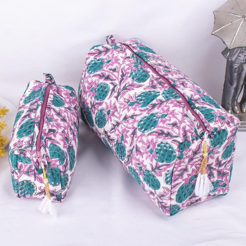 Set of 3 Hand Block Print Cosmetic Bag, Cotton Wash Bag, Waterproof Bag, Block Printed Toiletry Bags, Travel Bag - Mini/Medium/Large