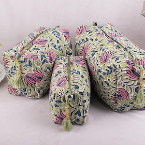 Set di 3 beauty case da donna con stampa a blocchi, borse in cotone indiano, beauty case da viaggio, beauty case in cotone, piccole borse trapuntate, borse da spiaggia, articoli da toeletta