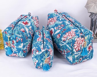 Set of 3 - Handmade Quilted Makeup Bag, Cotton Cosmetic Organizer, Zipper Pouch, Gift for Her