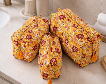Set Of 3 Floral Hand Block Print Makeup Bags, Cosmetic Bag, Gift For Her, Travel Bags, Zipper Pouch, Toiletry Bag, Women Wash Bags,Gift Idea