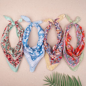 Set Of 4 Colorful Cotton Bandanas, Hand Block Printed Scarf For Summer, Unisex Wrap For Hair, Travel Bandanas, Hipster Accessories