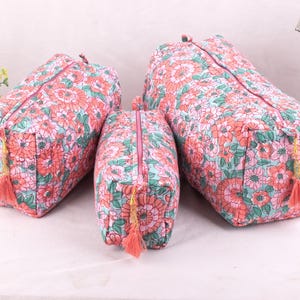 Lot de 3 trousses de maquillage matelassées, trousses de toilette à imprimé floral, trousses de toilette indiennes, sacs de voyage, petits sacs, trousse à cosmétiques, trousses de vacances, idée cadeau