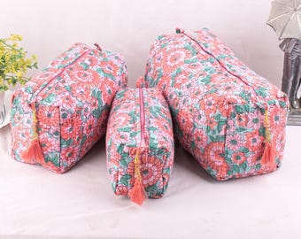 Set Of 3 Quilted Makeup Bags, Floral Print Wash Bags, Indian Toiletry Bags, Travel Bags, Small Bags, Cosmetic Pouch, Vacation Bags,Gift Idea