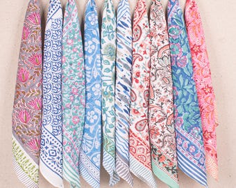 Set Of 10 : Organic Cotton Bandana, Bohemian Block Printed Bandana, Lightweight Hair Or Neck Bandana, Sustainable Fashion Gift