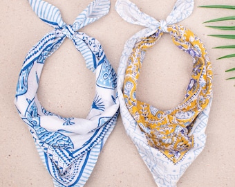 Summer Set Of 2 Bandanas, Boho Bandana, Cotton Bandana, Block Print Bandana, Indian Print Head Wrap, Neck Scarf, Eco Accessory Gift