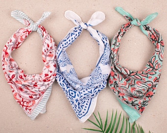 3pcs Unisex Hand Printed Cotton Bandana, Summer Eco Head Wrap, Boho Scarf, Travel Bandana, Beach Gift, Indian Bandana, Unisex Scarf