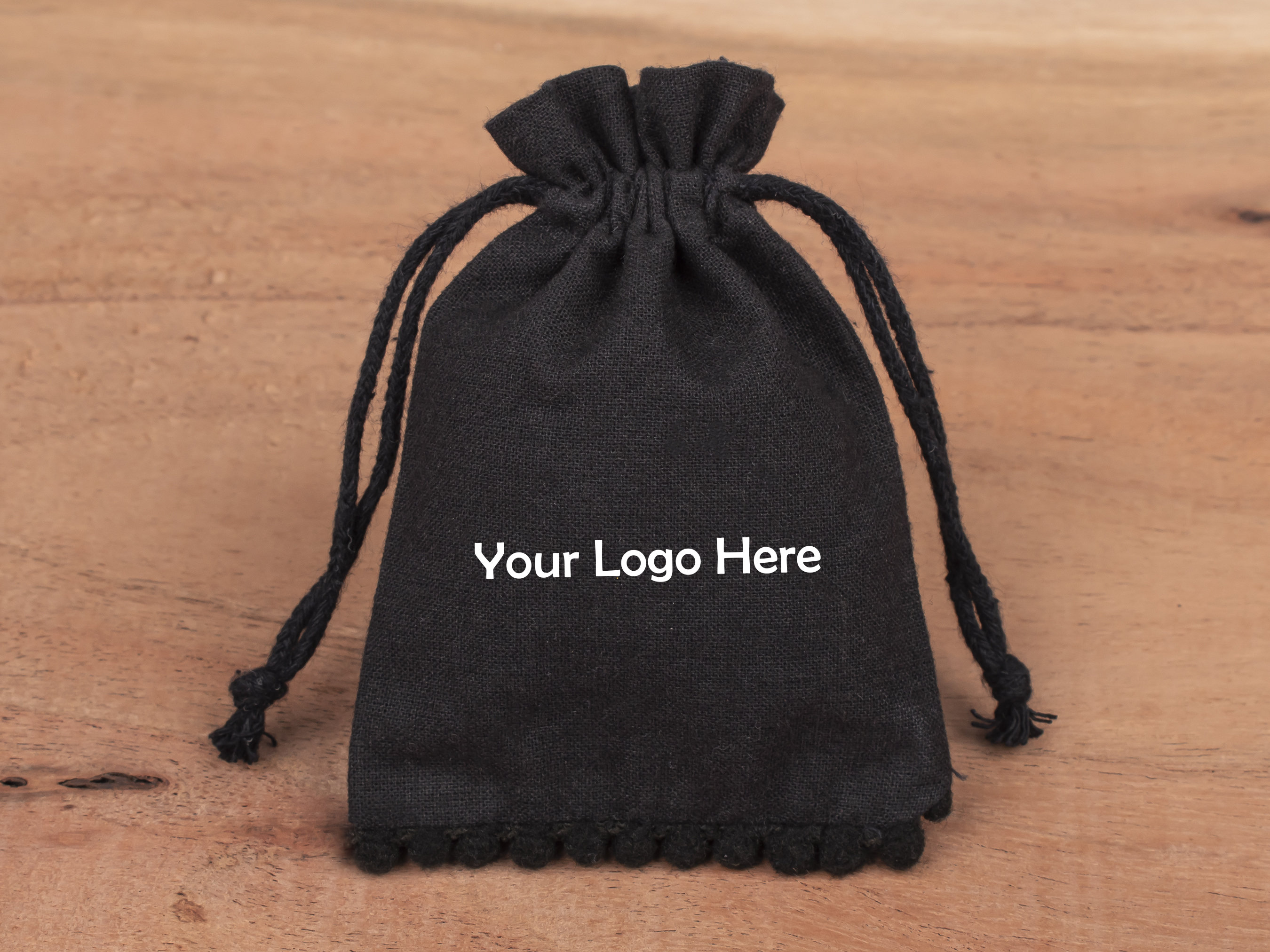 パーソナライズされた黒のコットンポーチバッグ、カスタム巾着ポーチ