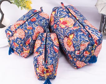 Quilted Toiletry Bags, Set Of 3 Cotton Makeup Bag, Waterproof Washbags For Women, Reusable Bags, Travel Zipper Pouch, Indian Print Bags