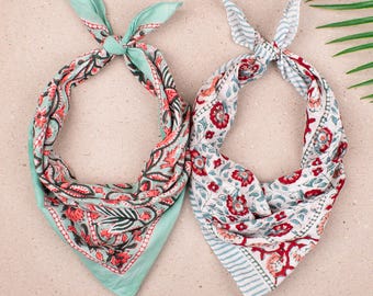 2 Stück Nachhaltige Block Gedruckt Bandanas, Leichte Schals aus reiner Baumwolle, Boho Hair Wraps Oder Krawatten, Unisex Reise Bandanas, Weicher Schal