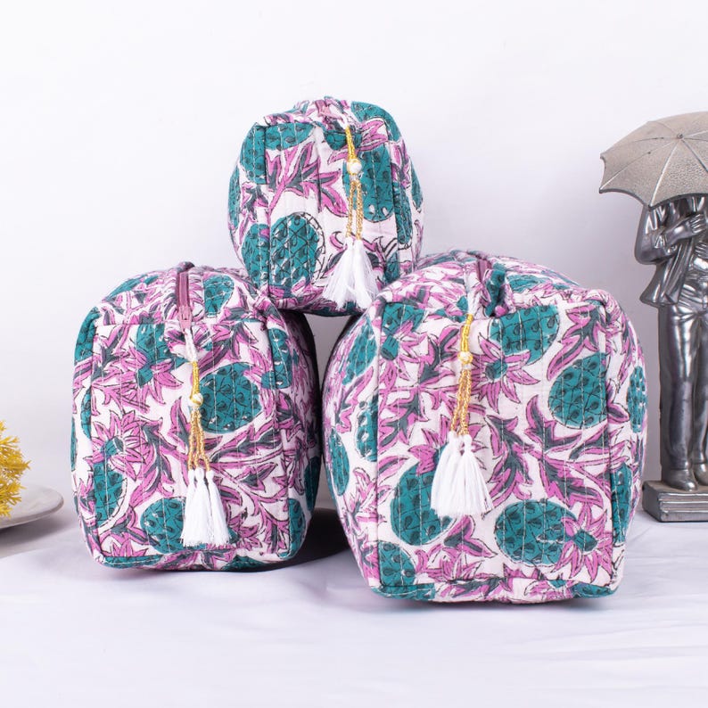 Set of 3 Hand Block Print Cosmetic Bag, Cotton Wash Bag, Waterproof Bag, Block Printed Toiletry Bags, Travel Bag - Mini/Medium/Large