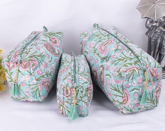 Set Of 3 Hand Block Printed Cotton Makeup Bag, Waterproof Wash Bag, Block Printed Toiletry Bags, Reusable Makeup Bag, Cotton Travel Bags