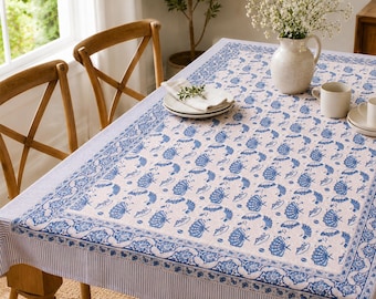 Bohemian Block Print Cotton Table Cover 60x90 In Rectangle | Farmhouse Dining Linen