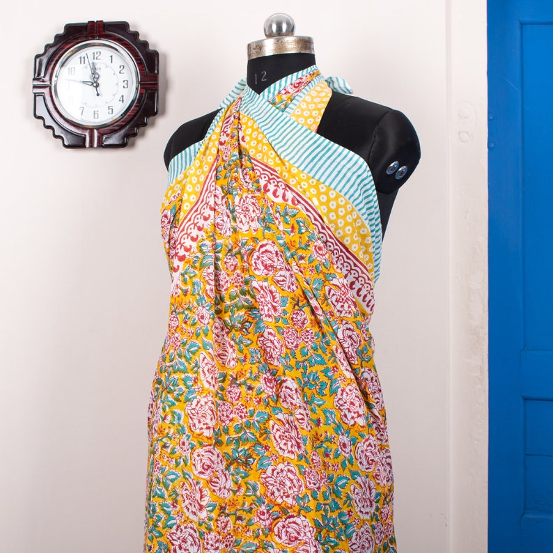 Hand Block Print Voile Soft Cotton Sarong, Long Scarf, Fashion Beach Cover up, Boho Pareo